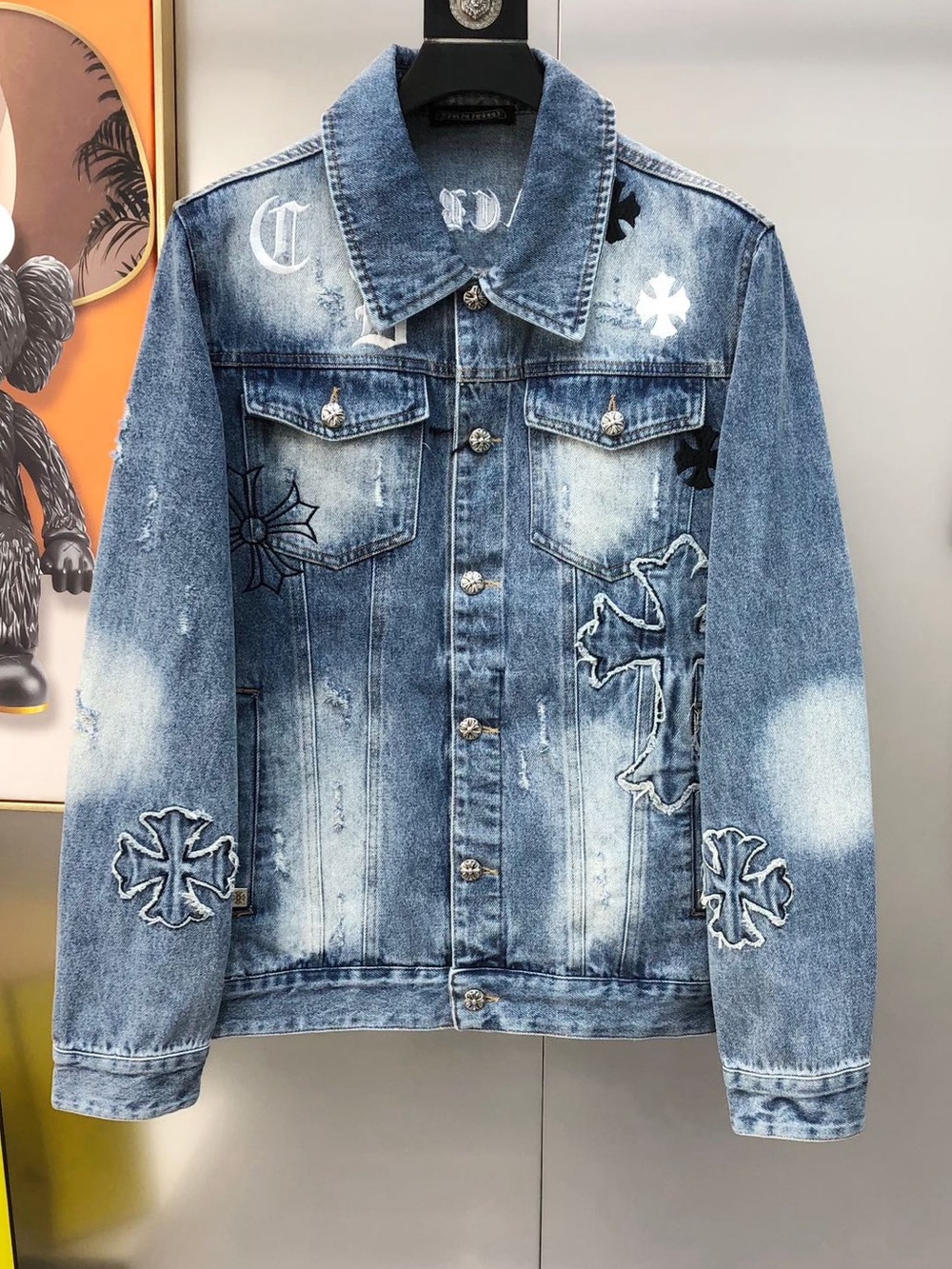 Chrome Hearts Washed Blue Denim Jacket with Cross Appliqués